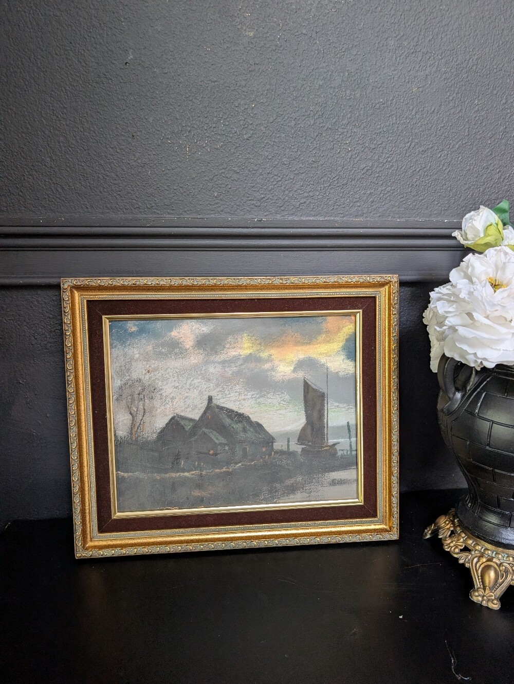 Salvaged Antique Pastel Maritime Landscape, Cottage & Sailboat, Vintage Frame